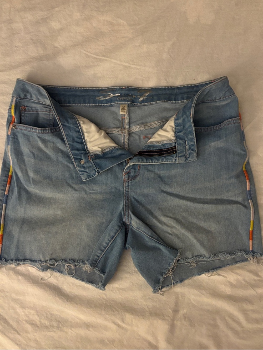 Seven7 Light Blue Denim Shorts with Rainbow Side Trim Frayed $20.00